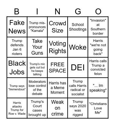 2024 Harris v. Trump Debate Bingo Card