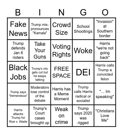 2024 Harris v. Trump Debate Bingo Card