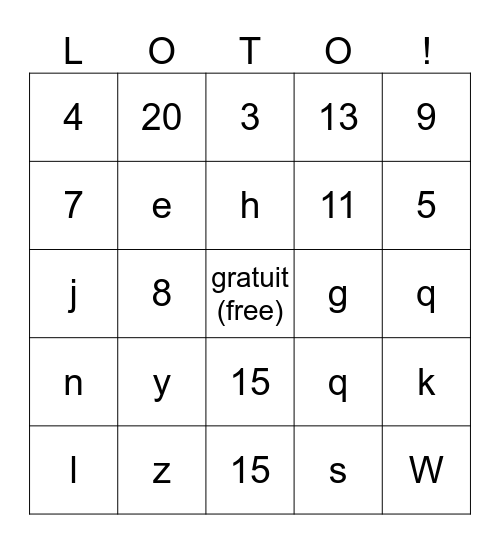 Les chiffres et Les letters de l'alphabet Bingo Card