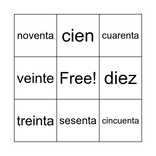 Spanish Number Card Bingo Card