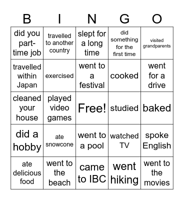 My Summer Vacation Bingo Card