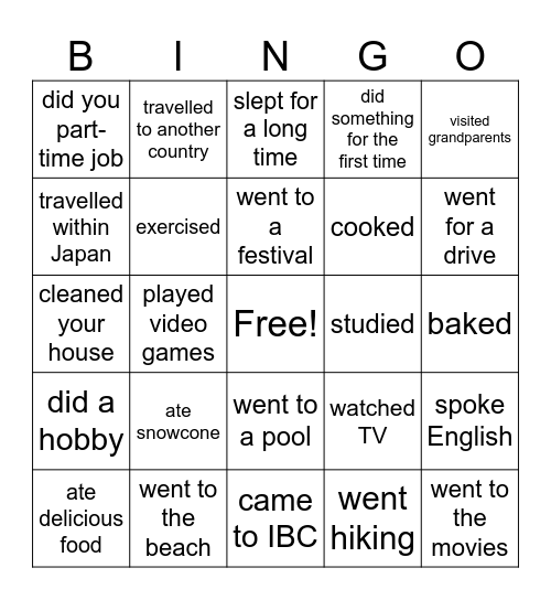 My Summer Vacation Bingo Card