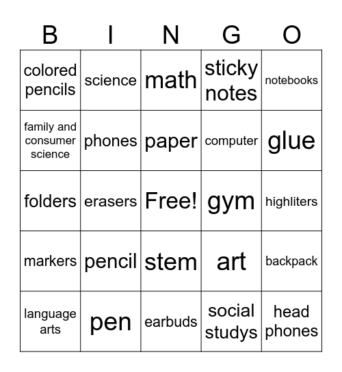 school Bingo Card