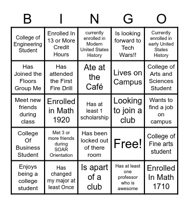 College Bingo Card