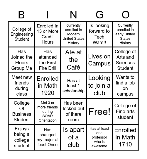 College Bingo Card