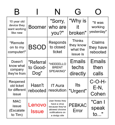 Support Call Bingo Card