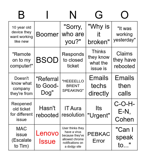 Support Call Bingo Card