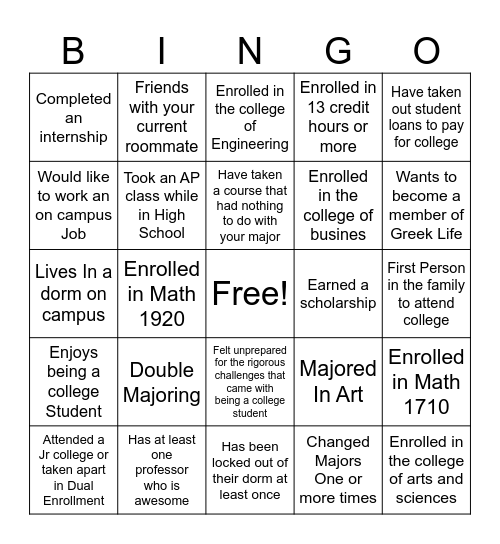 College Bingo Card