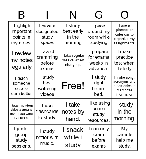 Study Habits Bingo Card