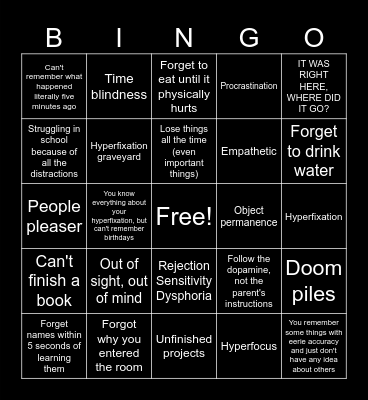 ADHD Bingo Card