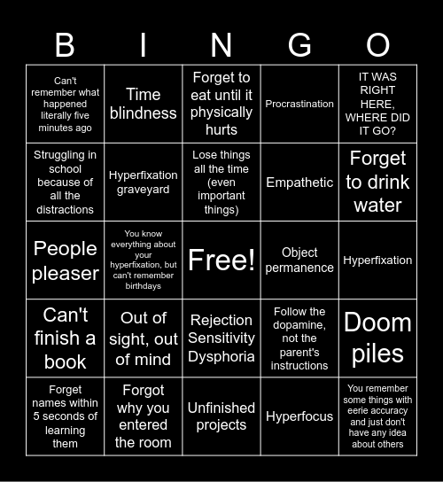 ADHD Bingo Card