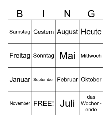 Wochentage/ Monate Bingo Card