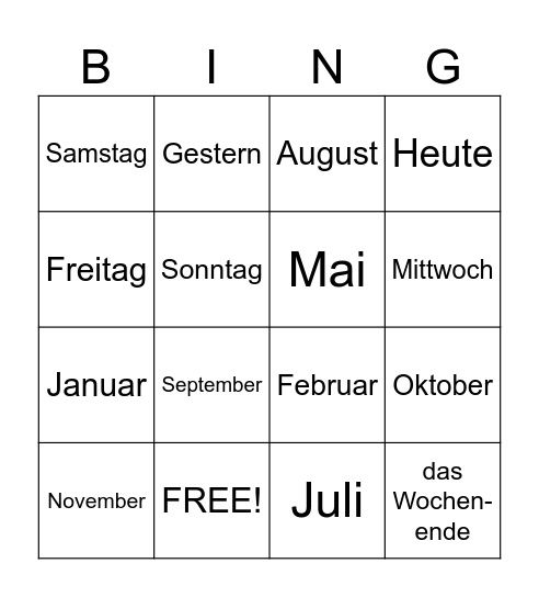 Wochentage/ Monate Bingo Card