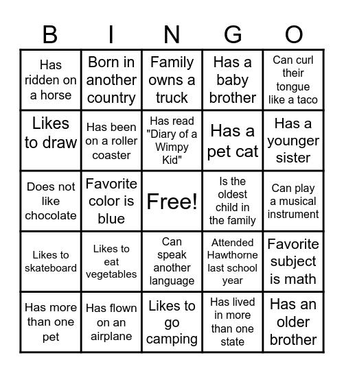 Classmate Bingo Card