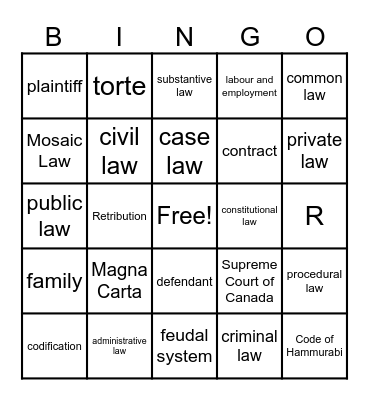 Introduction to Law Vocab Bingo Card