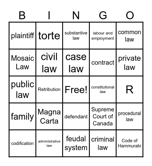 Introduction to Law Vocab Bingo Card