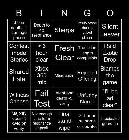 Salvation's Edge Bingo Card