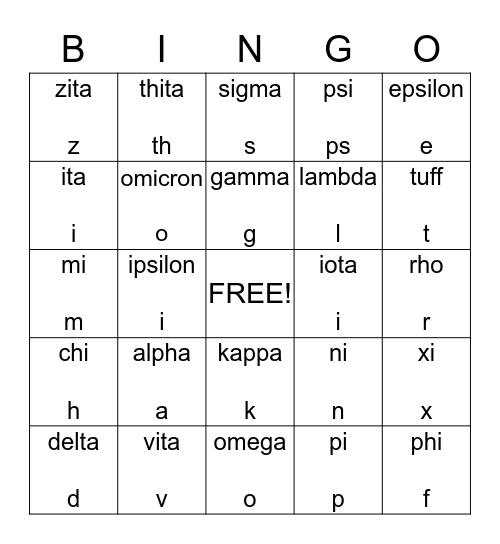 Greek Alphabet Bingo Card