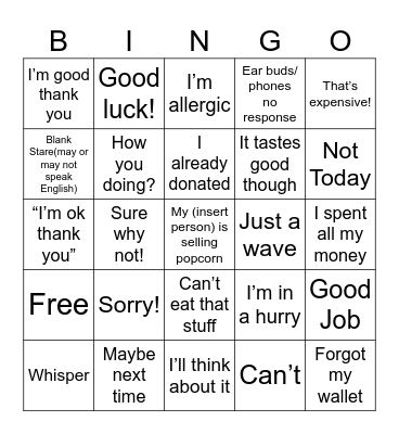 Popcorn Sales Responses Bingo Card