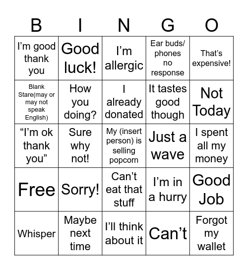 Popcorn Sales Responses Bingo Card