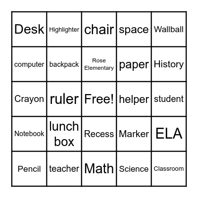 Rose Elementary Fun Friday Bingoo Bingo Card