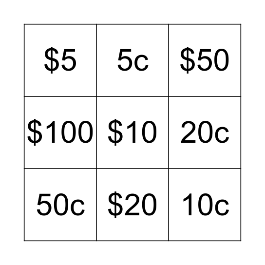 Australian Money Bingo Card