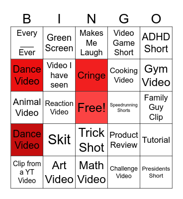 YT Shorts Bingo Card