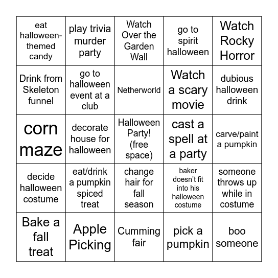 September & October Fall Bingo! Bingo Card