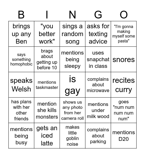 Gracie Bingo Card