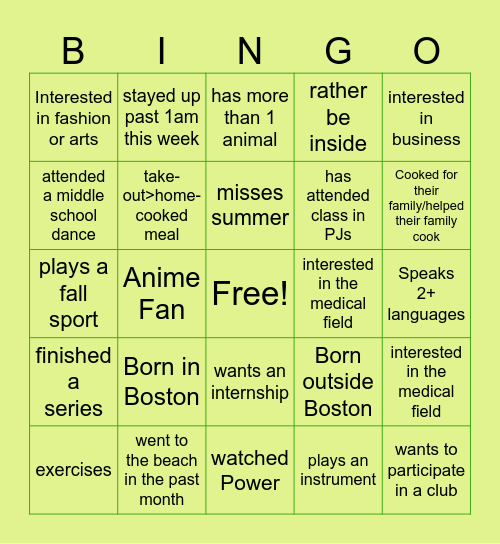 Advisory Bingo Card