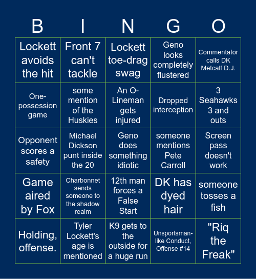 Seahawks Home Game Bingo Card