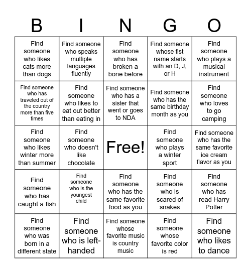 Get to Know Each Other Bingo Card