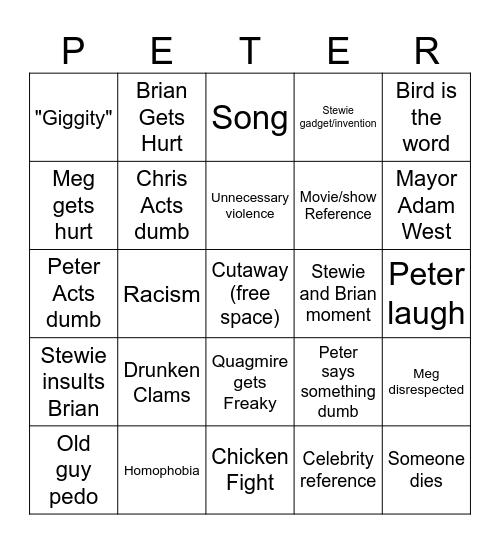 Family Guy clichés Bingo Card