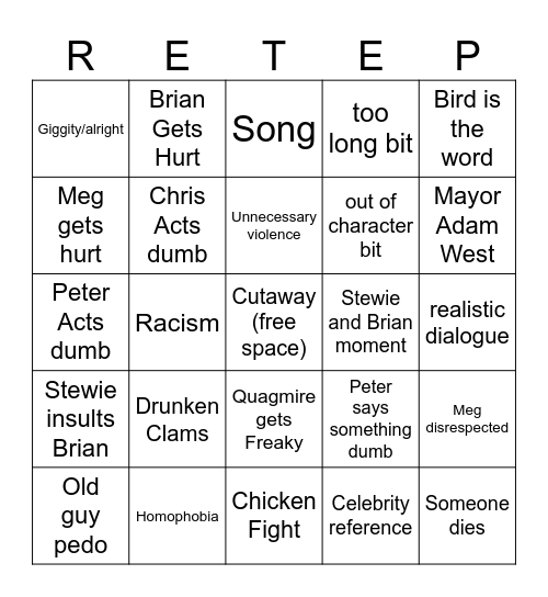 Family Guy clichés Bingo Card