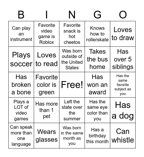 7th grade class Bingo Card