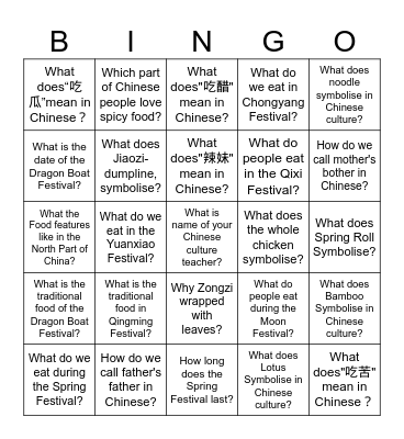 Eat China Bingo Card