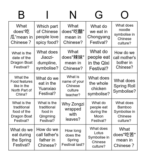 Eat China Bingo Card