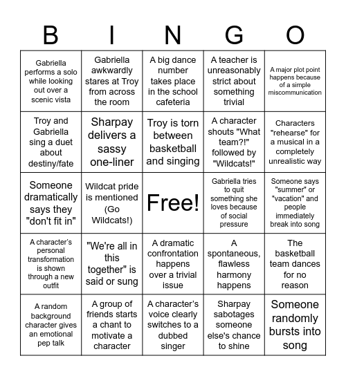 High School Musical Bingo Card