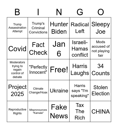 Presidential Debate Bingo Card