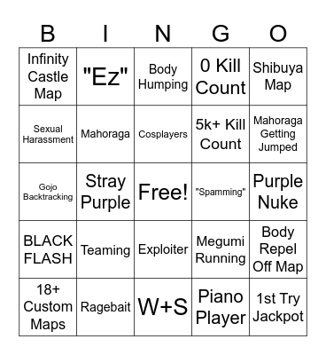 JuJutsu Shenanigans Bingo Board Bingo Card