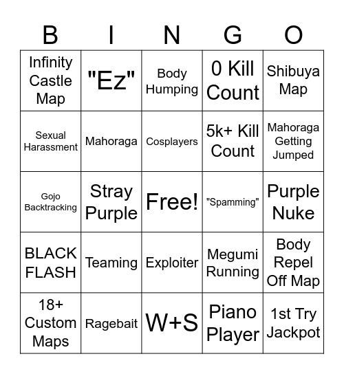 JuJutsu Shenanigans Bingo Board Bingo Card