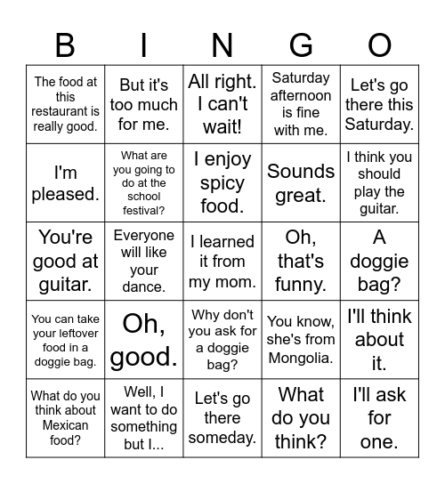 G1 L6 Listening Bingo Card