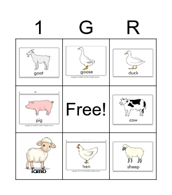 Farm animals Bingo Card