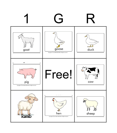 Farm animals Bingo Card