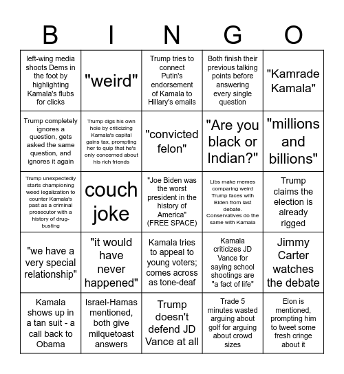 Kamala v Trump debate Bingo Card