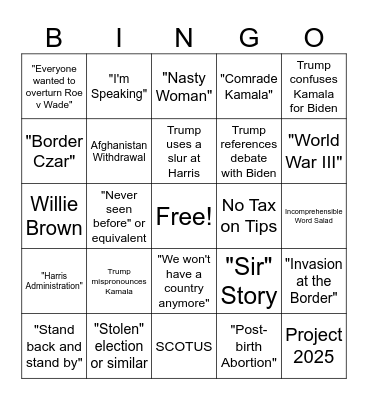 Harris v Trump Bingo Card