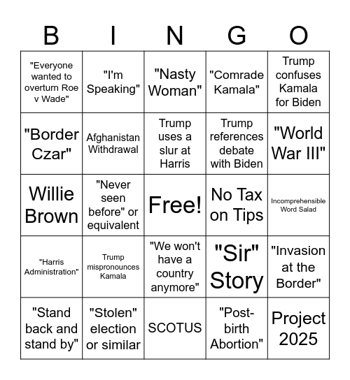 Harris v Trump Bingo Card