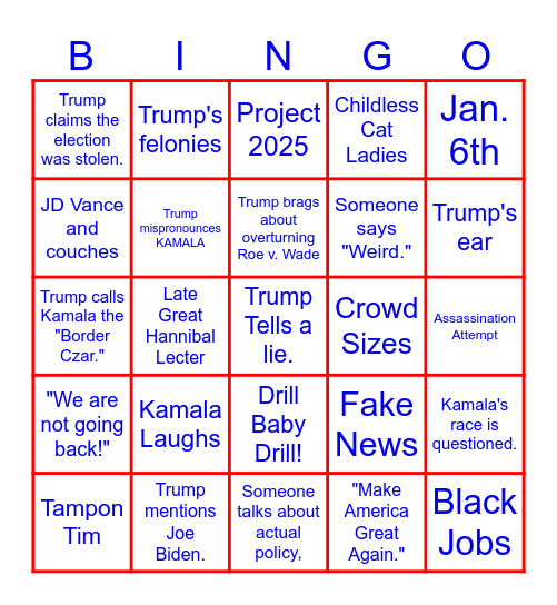 Harris/Orange Debate Bingo Card