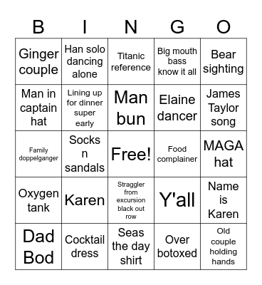 Alaska Cruise Ship Bingo Card