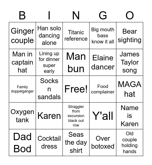 Alaska Cruise Ship Bingo Card